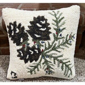 4 Corners ~ Christmas Pinecone Hand Hooked Wool Decorative Throw Pillow
